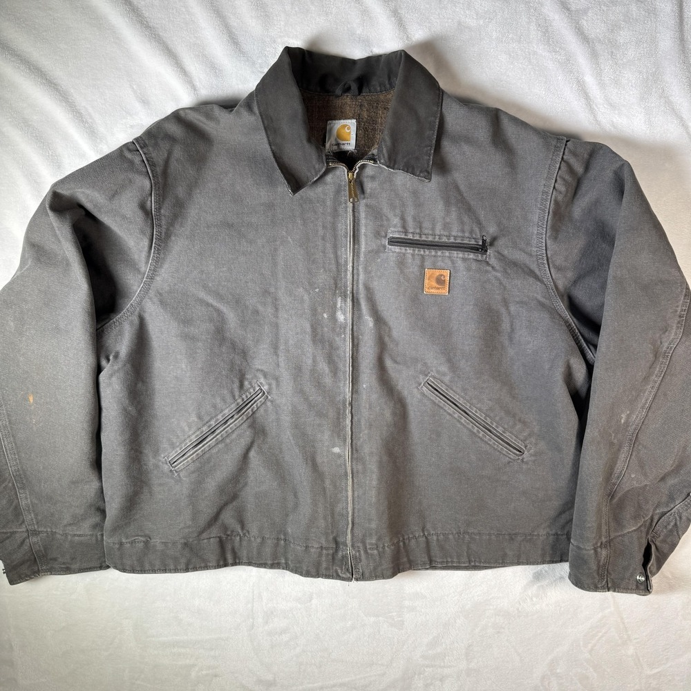 VTG CARHARTT DETROIT JACKET J97 GVL GRAVEL GRAY PLAID BLANKET LINING XL 52x25.5
